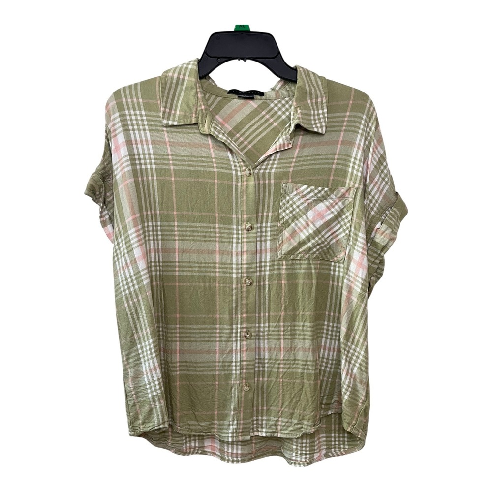 Sanctuary‎ Olive Green Plaid Button Down Short Sleeve Shirt Top Womens Small